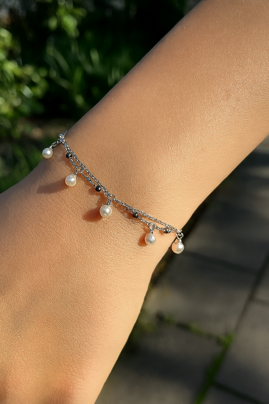 Two-Layer Sterling Silver and Pearl Bracelet